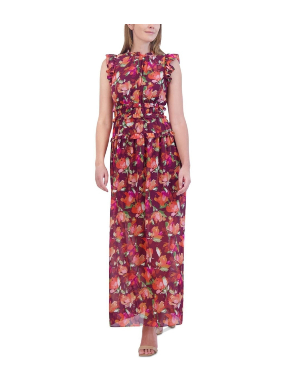 Vince Camuto Size 12 Burgundy Floral Ruffle Chiffon Maxi Dress NWT